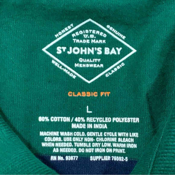 St Johns Bay Mens Large Legacy Polo Long Sleeve Green Stripe Classic Fit Stretch - Picture 3 of 6
